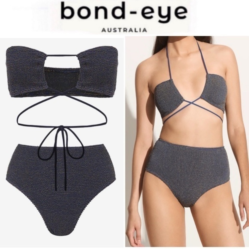 Bond-Eye Margarita Bandeau Top & Palmer Brief in Navy Lurex Swimsuit Set NWT
